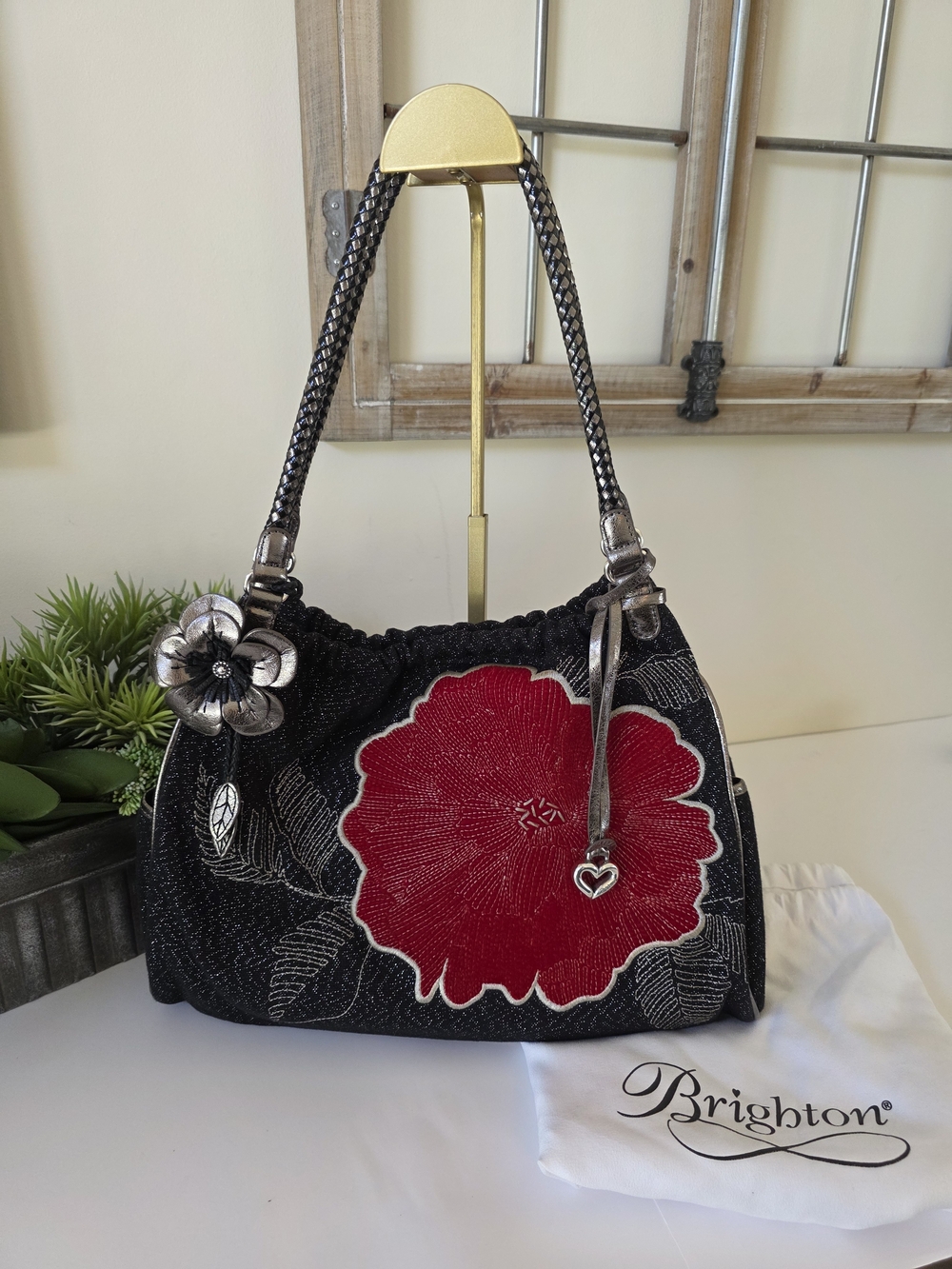 Brighton Lynden Black Canvas Metallic Leather Red Poppy Shoulder Bag